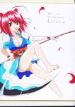  1girl absurdres bare_legs breasts cleavage highres mattari_yufi onozuka_komachi panties pantyshot red_eyes red_hair redhead scythe shikishi skirt solo tongue tongue_out touhou traditional_media twintails two_side_up underwear white_panties 