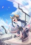  1girl black_hair black_legwear broken chainlink_fence dragon_girl dragon_horns dragon_tail dream_demon fangs horns long_hair monster_girl necktie one_knee open_mouth original pointy_ears red_eyes school_uniform skirt solo tail thigh-highs thighhighs tie wind 