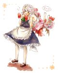  2girls apron ascot bat_wings black_eyes blood bloomers blue_dress blue_hair braid carrying dress falling fang flower flying_sweatdrops hair_ribbon hat hat_ribbon heart izayoi_sakuya maid maid_headdress maru_usagi mary_janes multiple_girls open_mouth outstretched_arms piggyback pink_dress puffy_sleeves red_shoes remilia_scarlet ribbon shirt shoes short_hair short_sleeves shoulder_carry silver_hair skirt skirt_set touhou translated twin_braids uu~ waist_apron wings 