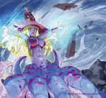  1girl asphyxiation blonde_hair blue_skin boat breasts brown_hair curly_hair drowning hat kusaka_souji large_breasts long_hair maelstorm monster_collection monster_girl navel official_art open_mouth outstretched_arms outstretched_hand rock solo submerged tentacle tentacles whirlpool witch_hat 