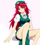  1girl beret blush braid breasts chinese_clothes hat hong_meiling long_hair red_eyes red_hair redhead ribbon sabote sitting skirt smile solo star tangzhuang touhou twin_braids 