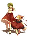  2girls ascot blonde_hair bow breasts closed_eyes closed_umbrella eyes_closed green_hair hair_ribbon hand_in_hair height_difference kazami_yuuka large_breasts medicine_melancholy multiple_girls open_mouth open_vest outstretched_arms pink_usagi puffy_sleeves red_eyes ribbon shirt short_hair short_sleeves skirt skirt_set smile touhou umbrella walking 