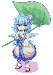  1girl ainu_clothes alternate_costume blue_eyes blue_hair bow cirno furorida hair_bow hairband ice ice_wings japanese_clothes kimono koropokkuru kororo kororo_(cosplay) leaf_umbrella leg_warmers long_sleeves sandals sash shaman_king short_hair simple_background solo touhou traditional_clothes white_background wide_sleeves wings 