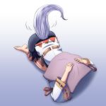  1girl all_fours barefoot commentary commentary_request gradient_hair hands_on_head hiding inubashiri_momiji kouno_ibuki long_sleeves multicolored_hair pillow shirt skirt solo tail tail_raised touhou translated wide_sleeves wolf_tail 