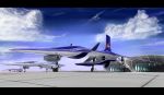  ace_combat ace_combat_3 airplane ara_(ara_13b) building cloud clouds emblem fighter_jet hangar highres jet landing_gear letterboxed neucom_incorporated no_humans r-101_delphinus_i r-101_dephinus_i r-102_delphinus_ii r-103_delphinus_iii sky 