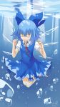  1girl barefoot blue_eyes blue_hair bow bsdl2540 child cirno closed_eyes dress eyes_closed hair_bow highres ice ice_wings ribbon short_hair smile solo touhou underwater water wings 