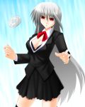  1girl black_legwear bra breasts cleavage engo_(aquawatery) highres large_breasts long_hair lyrical_nanoha mahou_shoujo_lyrical_nanoha mahou_shoujo_lyrical_nanoha_a&#039;s mahou_shoujo_lyrical_nanoha_a's popped_button red_eyes reinforce ribbon school_uniform silver_hair skirt solo thigh-highs thighhighs underwear 