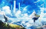  animal bird chitose_rin cloud clouds dress floating floating_city flower flowers grey_hair highres landscape original petals pillar rose ruins scenery scenic short_hair sky wings 
