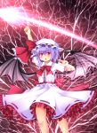  1girl arm_up bat_wings blue_hair blush bow fang hat hat_ribbon highres lightning looking_at_viewer magic_circle pointing pointing_up pointy_ears puffy_sleeves red_eyes remilia_scarlet rena_(riries) ribbon short_sleeves skirt skirt_set solo spear_the_gungnir touhou wind_lift wings wrist_cuffs 
