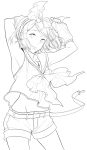  1girl :p armpits arms_up headphones highres kagamine_rin lineart monochrome shimoe shorts smile solo tongue transparent_background vocaloid 