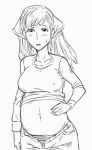  1girl alicia_melchiott bb_(baalbuddy) big_belly blush breasts headdress large_breasts long_hair monochrome navel open_fly pants pregnant senjou_no_valkyria senjou_no_valkyria_1 sketch solo sweatdrop sweater twintails unzipped 