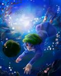  1girl backpack bag blue_eyes blue_hair boots bubble dress fish hat highres kawashiro_nitori michimaru_(michi) solo sunbeam sunlight swimming touhou underwater 
