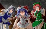  3girls anger_vein anno9232 anno_shin apron blouse blue_eyes braid breasts ceiling commentary commentary_request foreshortening hands_up hat hat_ribbon hong_meiling izayoi_sakuya lavender_hair leaning long_hair looking_at_viewer maid maid_headdress multiple_girls open_mouth pov puffy_sleeves red_eyes red_hair redhead remilia_scarlet ribbon short_sleeves silver_hair skirt smile star thigh-highs thighhighs touhou twin_braids vest wrist_cuffs 