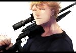  1boy blonde_hair blue_eyes gun jormungand kogitetuosero lutz rifle sniper_rifle solo weapon 
