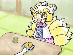  1girl blonde_hair blush cup dress fox_tail hands hat hat_with_ears mikashimo mikasimo multiple_tails open_mouth pink_dress plate short_hair sitting smile tabard table tail tatami teacup touhou yakumo_ran yellow_eyes 