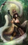  2013 alternate_costume artist_request bare_shoulders black_hair breasts brown_hair cassiopeia_du_couteau character_request claws cleavage finger_to_mouth grass hat highres lamia league_of_legends long_hair monster_girl open_mouth robe snake solo staff weapon yellow_eyes zhang_xiao_bo 