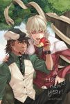  2boys 66698828_(artist) apple barnaby_brooks_jr beni_(666jellyfish) blonde_hair brown_eyes brown_hair eating facial_hair food fruit glasses green_eyes happy_new_year jacket kaburagi_t_kotetsu multiple_boys necktie red_jacket snake stubble tiger_&amp;_bunny vest waistcoat 