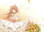  1girl alternate_costume animal_ears blush brown_hair choker dress flower frilled_dress frills hair_flower hair_ornament holo long_hair looking_at_viewer nncat petals red_eyes ribbon smile solo spice_and_wolf sunflower tail wolf_ears wolf_tail 