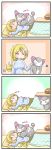  1girl 4koma :3 =_= animal_ears artist_self-insert blonde_hair bowl cat_ears cat_tail closed_eyes comic eyes_closed food fruit highres kotatsu long_hair messy_hair orange pillow pokemon pokemon_(creature) pokemon_(game) pokemon_dppt purugly ribbed_sweater ribbon shirona_(pokemon) silent_comic sleeping sougetsu_(yosinoya35) squiggle sweater table tail whiskers 