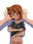  1girl aizawa_eiko arm_support blush brown_eyes brown_hair hands_on_wall ianeramatati mound_of_venus navel open_mouth panties shadow shinryaku!_ikamusume shirt_lift short_hair sweatdrop underwear undressing 