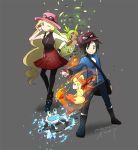  1boy 1girl bag bare_shoulders black_legwear blonde_hair blue_eyes boots brown_eyes brown_hair calme_(pokemon) chespin fennekin fire flower froakie goggles goggles_on_hat grey_background hand_on_hip hat holding holding_poke_ball ice leaf long_hair official_style pantyhose pleated_skirt poke_ball pokemon pokemon_(creature) pokemon_(game) pokemon_xy serena_(pokemon) short_hair shoulder_bag simple_background skirt sleeveless smile standing title_drop ume_(plumblossom) very_long_hair watch water wink wristwatch 