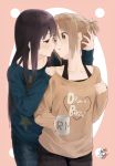  2girls akiyama_mio black_eyes black_hair brown_eyes brown_hair cup eye_contact highres incipient_kiss k-on! long_hair looking_at_another mug multiple_girls ponytail short_hair tainaka_ritsu yuri zasshu_tamashii 