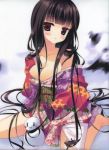  :&lt; :3 =3 absurdres active_mover arikawa_satoru barefoot black_hair bleed_through breasts cleavage copyright_request floral_print highres japanese_clothes kimono kimono_pull long_hair red_eyes sitting snowman very_long_hair wariza |_| 
