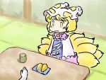  1girl blonde_hair blush cup dress fox_tail hands hat hat_with_ears mikashimo mikasimo multiple_tails open_mouth pink_dress plate short_hair sitting tabard table tail tatami teacup touhou yakumo_ran yellow_eyes 