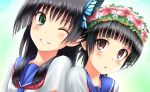  2girls black_hair brown_eyes butterfly_hair_ornament flower green_eyes hair_flower hair_ornament head_wreath itou_kanae long_hair misoinu multiple_girls saten_ruiko school_uniform seiyuu_connection serafuku short_hair to_aru_kagaku_no_railgun to_aru_majutsu_no_index uiharu_kazari wink 