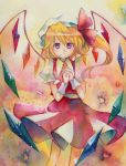 1girl blonde_hair crystal dress flandre_scarlet hands_together hat hat_ribbon red_eyes ribbon solo touhou traditional_media tsuru watercolor_(medium) wings wrist_cuffs 