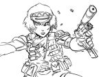  1girl aegis android bb_(baalbuddy) gun load_bearing_vest machine_pistol magazine_(weapon) monochrome persona persona_3 pistol pouches shell_casing short_hair solo suppressor tactical_clothes weapon 