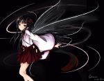  1girl bangs black_background black_hair blue_eyes butterfly_wings character_request female flower hair_ornament horns inu_x_boku_ss japanese_clothes long_hair midori_(3961106) miko shirakiin_ririchiyo simple_background solo violet_eyes wings 