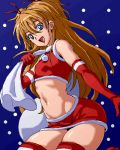  blue_background blue_eyes brown_hair christmas elbow_gloves gloves houjou_hibiki isu long_hair lowres midriff miniskirt navel oekaki precure santa_costume skirt smile snowing solo suite_precure thighhighs two_side_up 