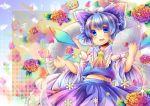  1girl ascot blue_eyes blue_hair blue_sky blush bow cirno cosplay detached_sleeves flower giant_snake hair_bow hakurei_reimu hakurei_reimu_(cosplay) ice ice_wings long_sleeves midriff open_mouth petals pjrmhm_coa shirt short_hair skirt skirt_set sky smile solo touhou wide_sleeves wings 