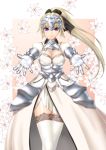  1girl 210ten alternate_costume armor armored_dress bow breasts cleavage fate/apocrypha fate_(series) flower gauntlets hair_bow headpiece jeanne_d&#039;arc_(fate/apocrypha) jeanne_d'arc_(fate/apocrypha) lace lace-trimmed_thighhighs lily_(flower) long_hair outstretched_hand ponytail purple_eyes ruler_(fate/apocrypha) solo thigh-highs thighhighs violet_eyes white_legwear 