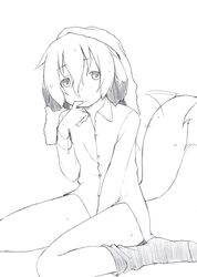  1girl animal_ears flat_chest majima_yuki monochrome original short_hair simple_background sitting solo tail tail_wagging wariza white_background 