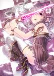  1girl bare_shoulders bracelet checkered checkered_floor feathers grey_hair hair_ornament hakura_kusa high_heels highres jewelry leather_boots long_hair lying on_side open_mouth original pink_eyes shoes short_sword skirt solo sword thighhighs weapon white_legwear 