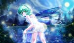  1girl antennae ass chemise fireflies full_moon green_eyes green_hair insect_wings light_trail looking_at_viewer looking_over_shoulder moon night parted_lips see-through short_hair solo touhou tree tsukiori_sasa wings wriggle_nightbug 