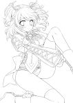  1girl absurdres blush boots brooch cheria_barnes highres jewelry kneeling lineart looking_at_viewer monochrome panties short_hair shuragyoku_mami solo tales_of_(series) tales_of_graces thigh-highs thighhighs twintails two_side_up underwear 