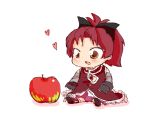  1girl apple baby blush bow brown_eyes dress drooling food fruit hair_bow heart komaku_juushoku long_sleeves magical_girl mahou_shoujo_madoka_magica open_mouth oversized_clothes ponytail red_dress red_hair redhead sakura_kyouko simple_background sitting skirt solo white_background young 