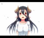  1girl black_hair breasts crying crying_with_eyes_open dragon_girl dragon_horns dream_demon hair_between_eyes horns long_hair monster_girl open_mouth original pointy_ears red_eyes simple_background solo t-shirt tears white_background 