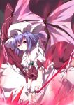  1girl ascot bat_wings blue_hair bow brooch chain chains dress fingernails hat hat_ribbon jewelry kurono_yuzuko long_fingernails looking_at_viewer pink_eyes red_nails remilia_scarlet ribbon short_sleeves smile solo spear_the_gungnir touhou white_dress wings wrist_cuffs 