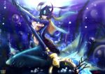 absurdres breasts bubble center_opening cleavage deathklovc headdress highres jewelry large_breasts league_of_legends mermaid monster_girl nami_(league_of_legends) necklace open_mouth red_eyes scales signature solo staff tail underwater watermark weapon 