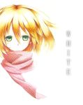  1girl brown_hair copyright_request green_eyes majima_yuki scarf short_hair simple_background solo traditional_media 