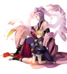 2boys amane_nishiki androgynous blazblue blazblue:_chrono_phantasma blonde_hair blue_eyes boots cape carl_clover cherry_blossoms fan glasses gloves half_updo hat hat_removed headwear_removed height_difference kneeling male mega5155214x multiple_boys purple_hair sash shorts sitting top_hat trap white_background 