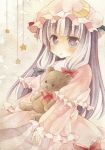  1girl bow capelet crescent dress hair_bow hat kagome_f long_hair patchouli_knowledge purple_eyes purple_hair ribbon solo star stuffed_animal stuffed_toy teddy_bear touhou traditional_media violet_eyes watercolor_(medium) 