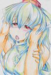  1girl absurdres animal_ears blush breasts colored_pencil_(medium) face hat highres inubashiri_momiji kitazinger large_breasts no_bra open_mouth red_eyes saliva saliva_trail short_hair silver_hair solo tokin_hat touhou traditional_media wolf_ears 