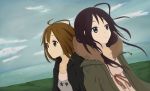  2girls akiyama_mio back black_eyes black_hair blush brown_eyes brown_hair chrisebi hime_cut hirasawa_yui k-on! k-on!_movie light_smile long_hair looking_at_viewer multiple_girls simple_background singing singing! sky very_long_hair wind 