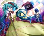  1boy 1girl aqua_hair arisaka_ako blue_eyes bowtie dress elbow_gloves gloves hat hat_tip hatsune_miku kaito kochira_koufuku_anshin_iinkai_desu_(vocaloid) long_hair microphone microphone_stand open_mouth outstretched_arm smile top_hat twintails very_long_hair vocaloid 