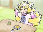  1girl arms_up blonde_hair closed_eyes cup dress eyes_closed fox_tail hands happy hat hat_with_ears long_sleeves mikashimo mikasimo multiple_tails open_mouth pink_dress plate short_hair sitting smile tabard table tail tatami teacup touhou wide_sleeves yakumo_ran 